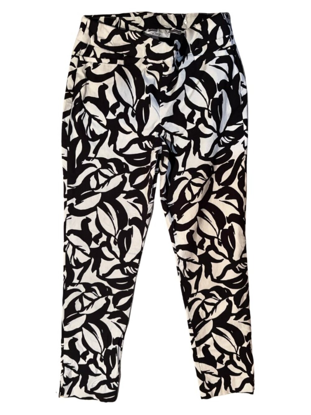 Chico’s Size 00 XS Black White Print Ankle Pants Slim Stretch Career Casual